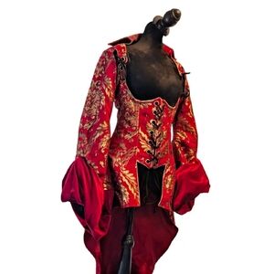 Devil Fashion Red Gold Brocade Renaissance Pirate Gothic Coat Corset Front M